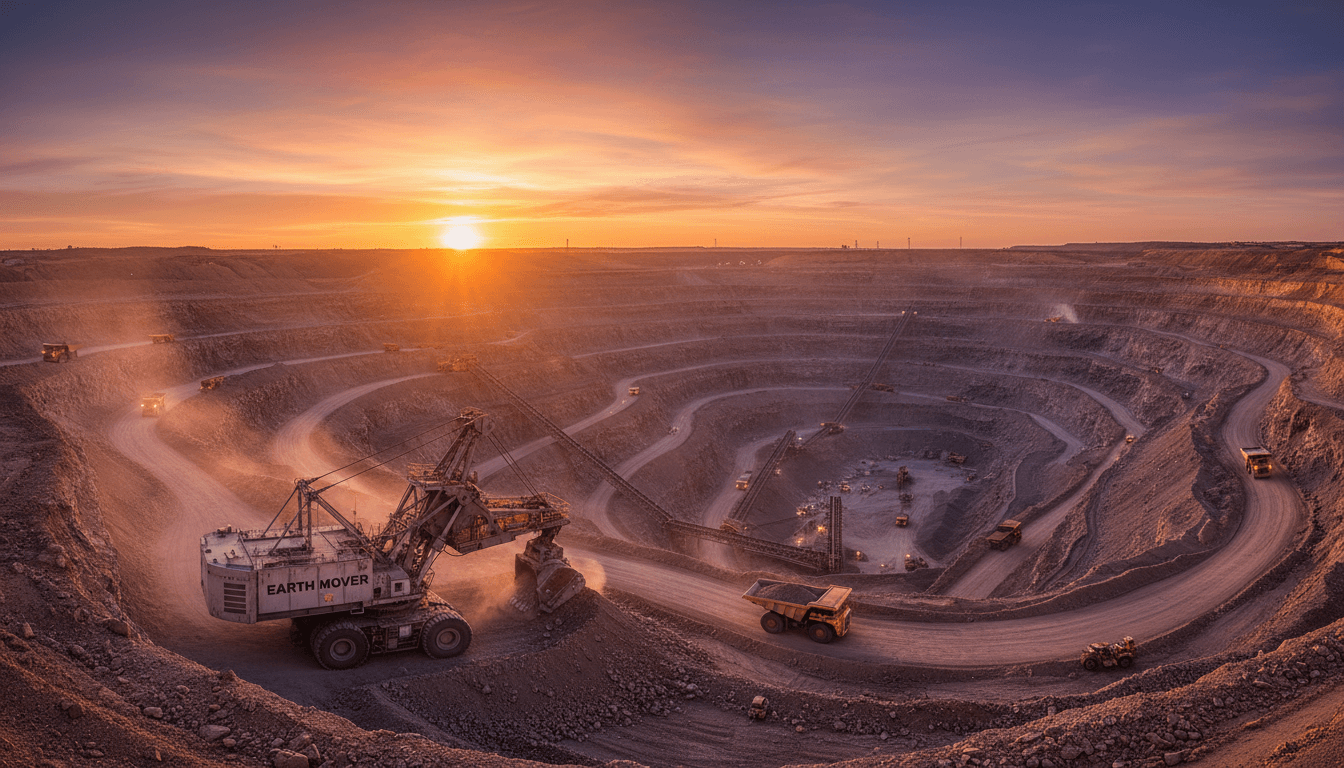 Open pit mine with heavy machinery extracting minerals at sunset