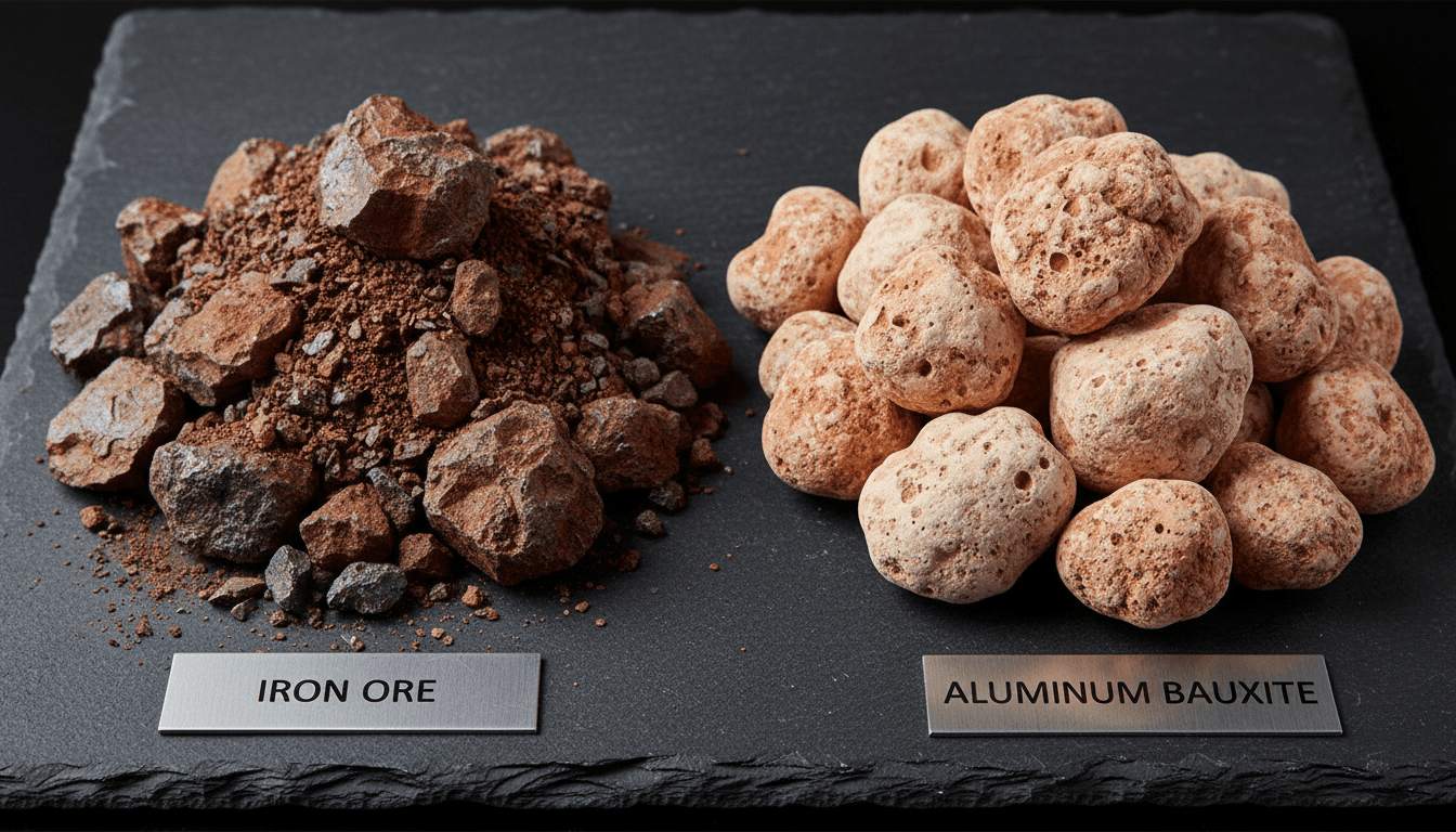 Iron ore and bauxite samples side by side on a plain surface