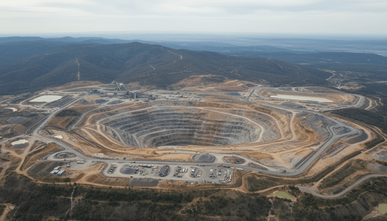 Aerial view of an open pit mine with haul trucks on terraced roads