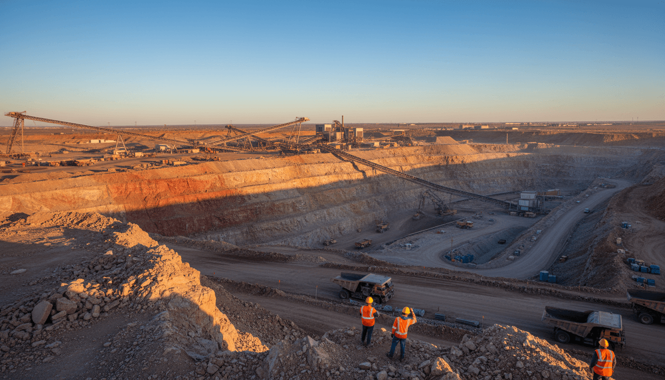 Wide landscape view of active open-pit mining operation with heavy equipment, terraced levels, and workers in safety gear at dawn