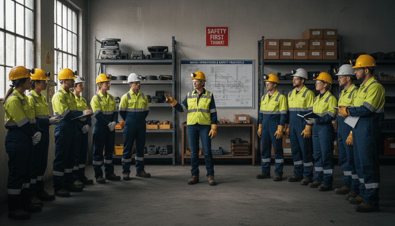 Miners wearing hard hats and safety gear working underground