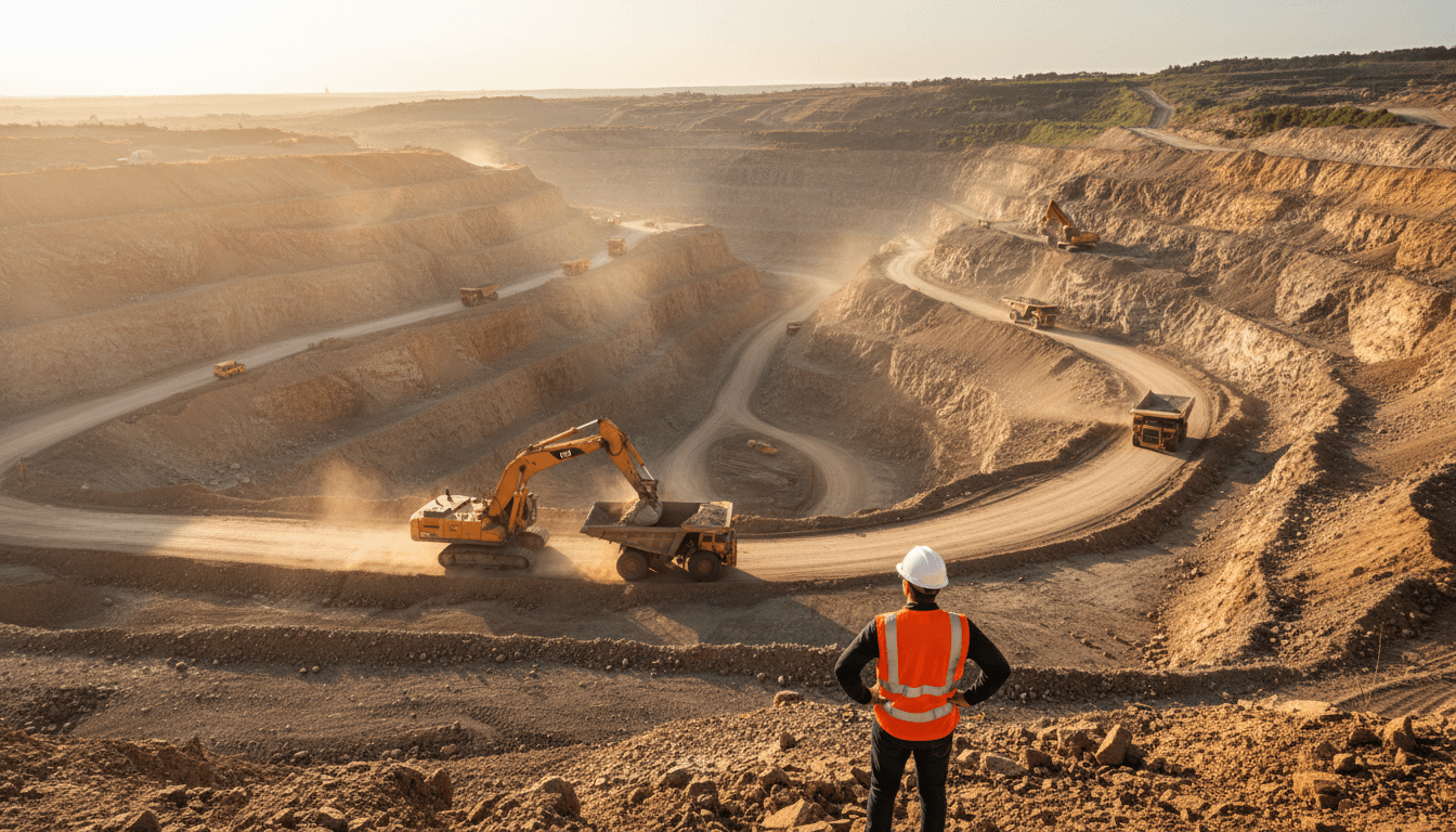 Open pit mine with terraced benches and heavy haul trucks hauling ore.
