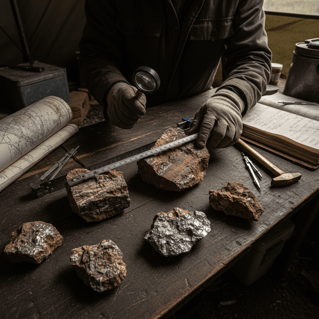 Geologist examining rock core samples at a mining site