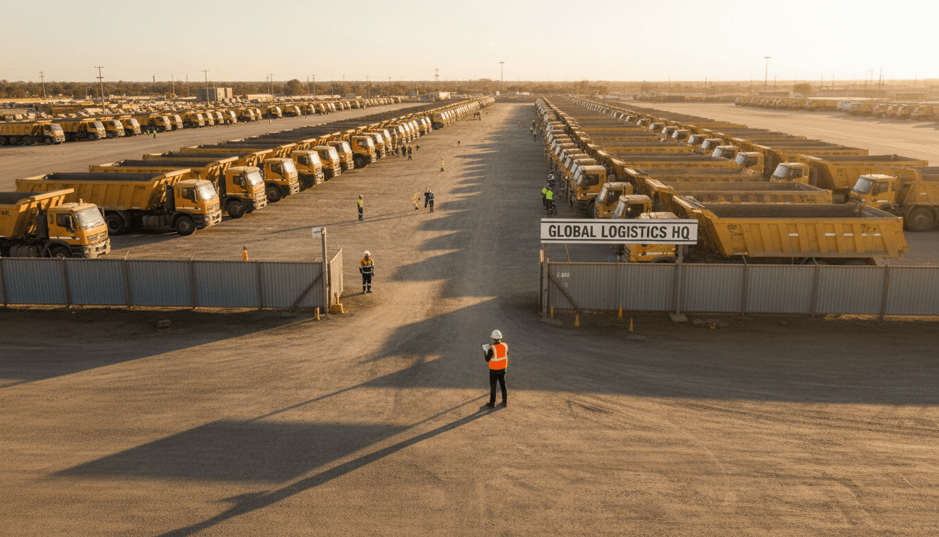 Large mining trucks loading ore onto a cargo ship at port