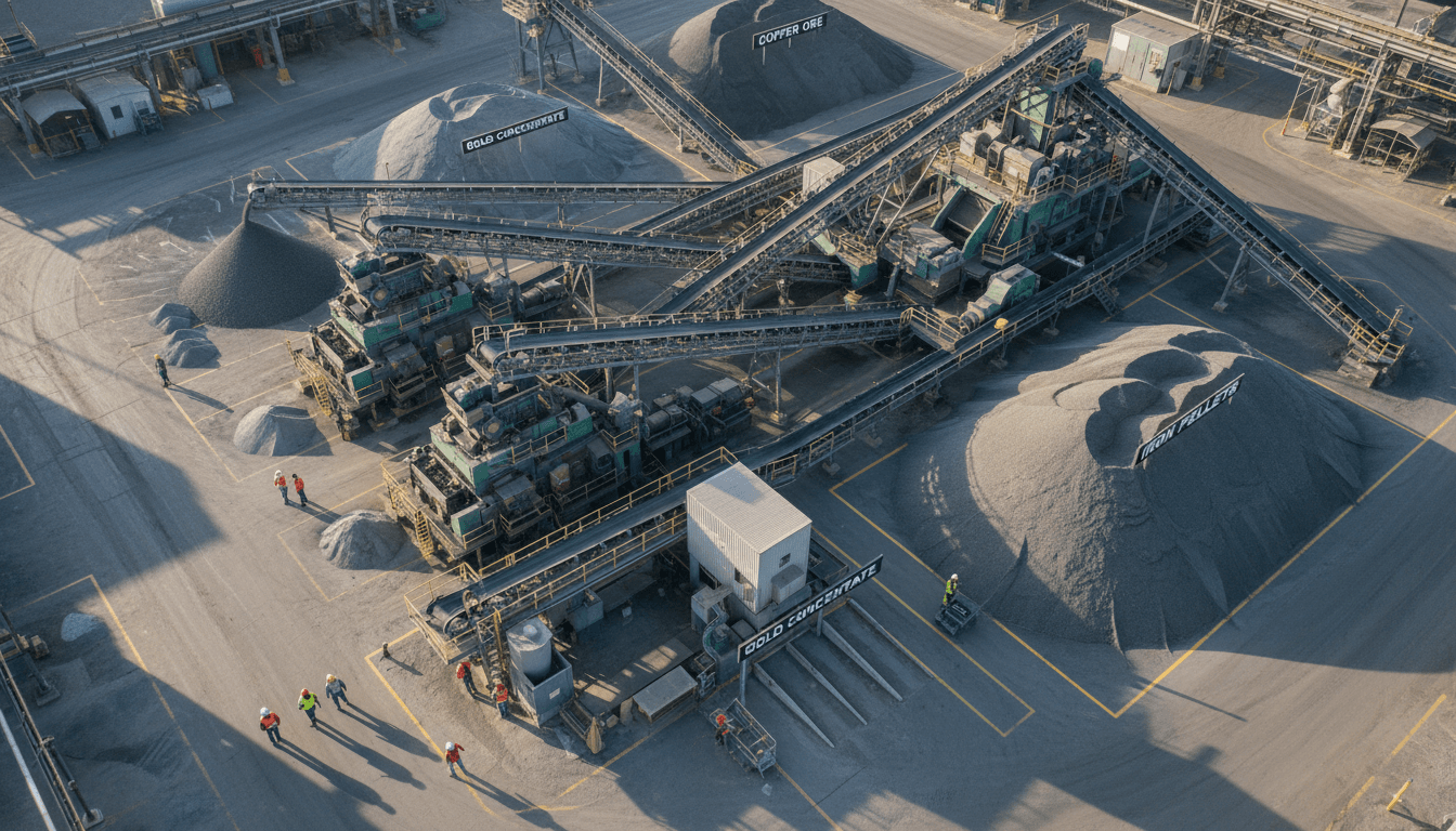 Industrial ore processing plant with conveyor belts