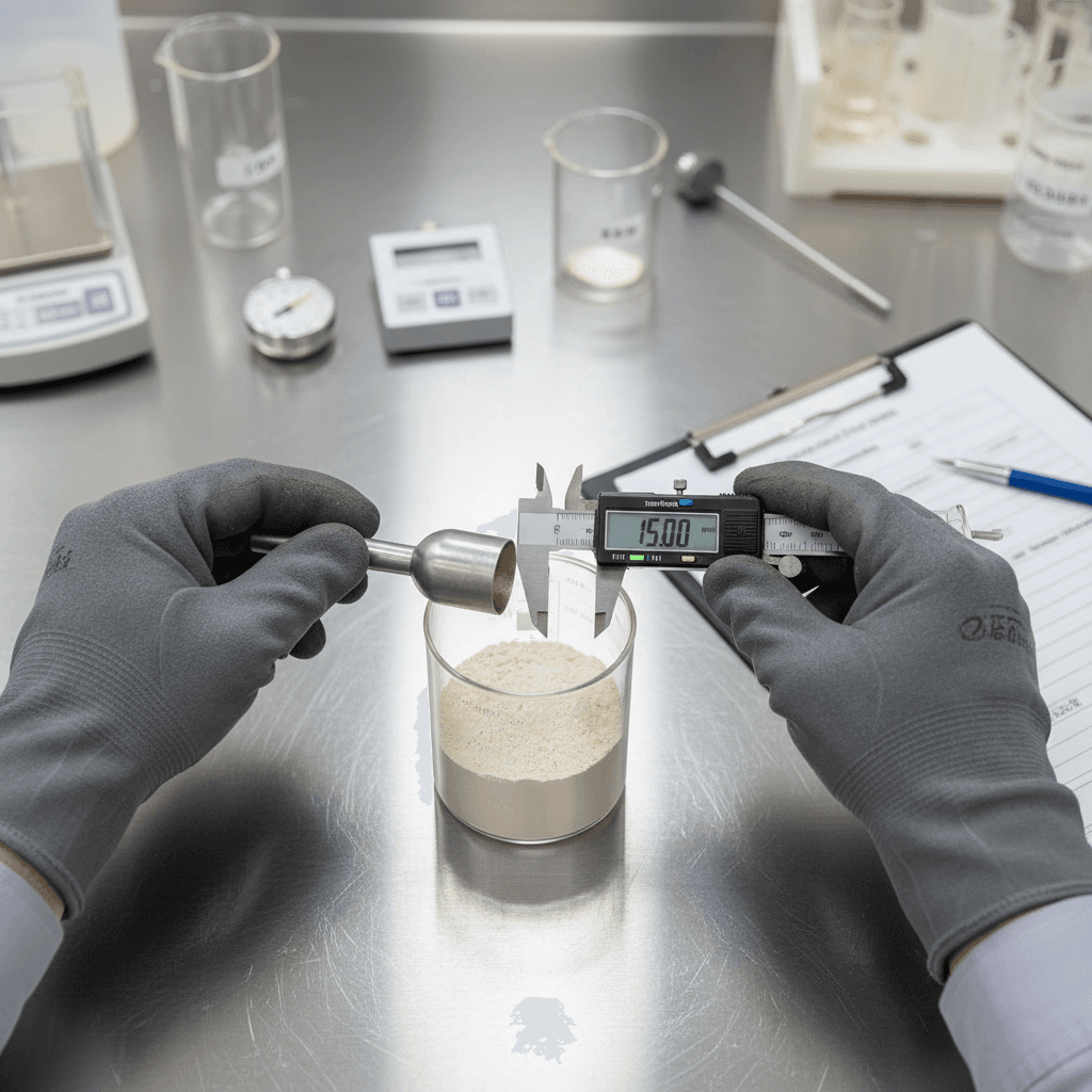 Engineer in a hard hat checking mineral samples at a processing lab.