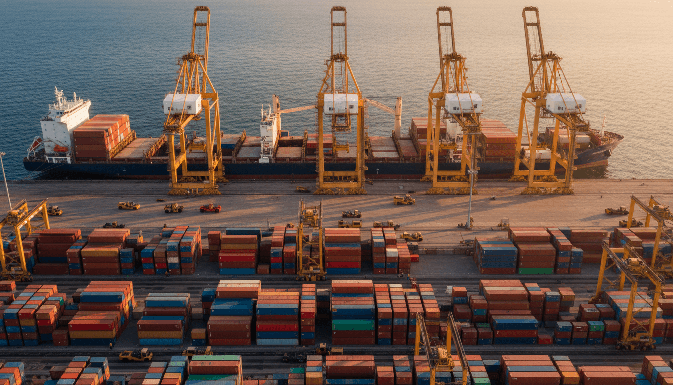 Port cranes loading a cargo ship with bulk materials at an industrial dock.