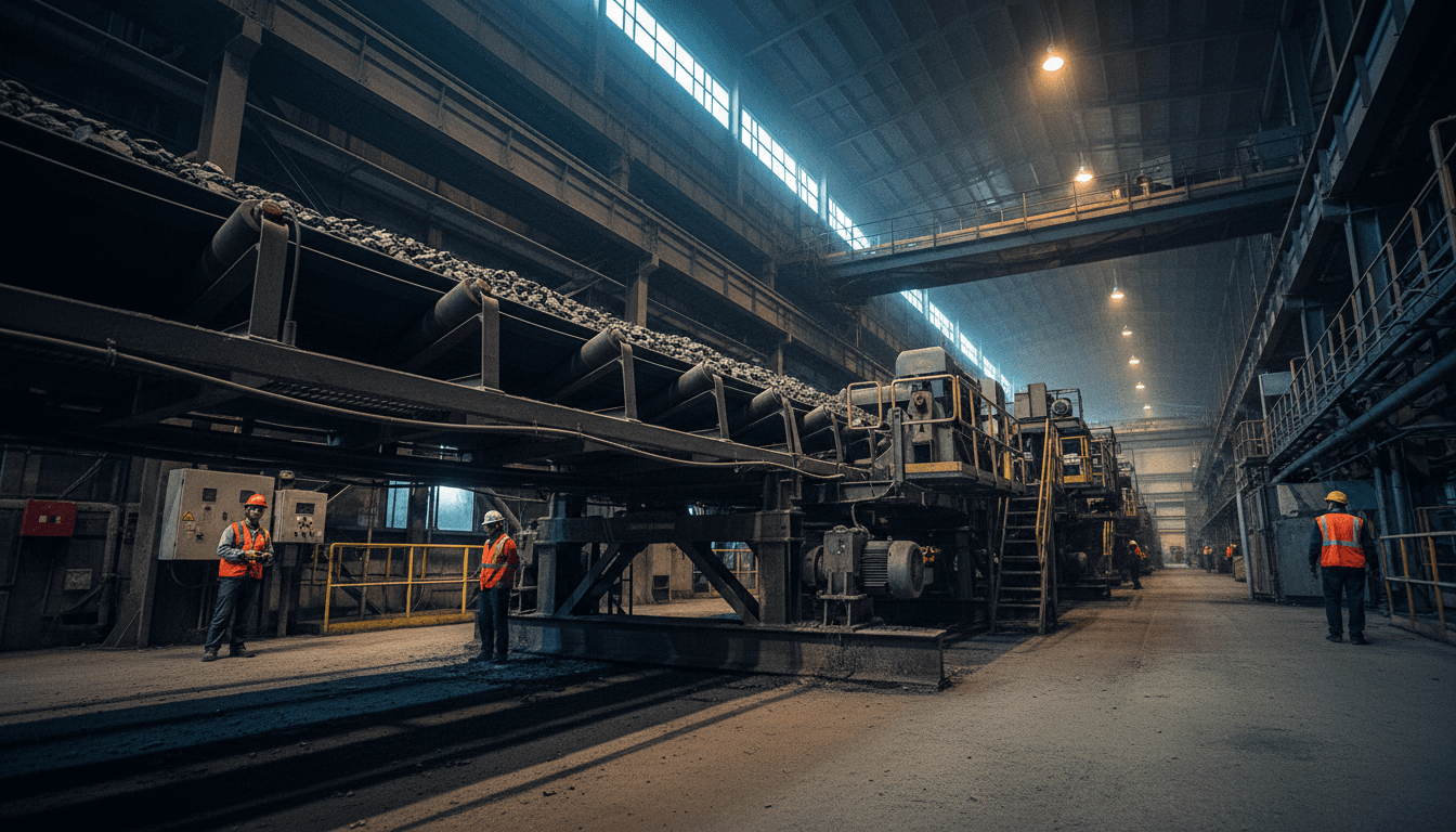 Conveyor belt moving crushed ore at an industrial processing facility