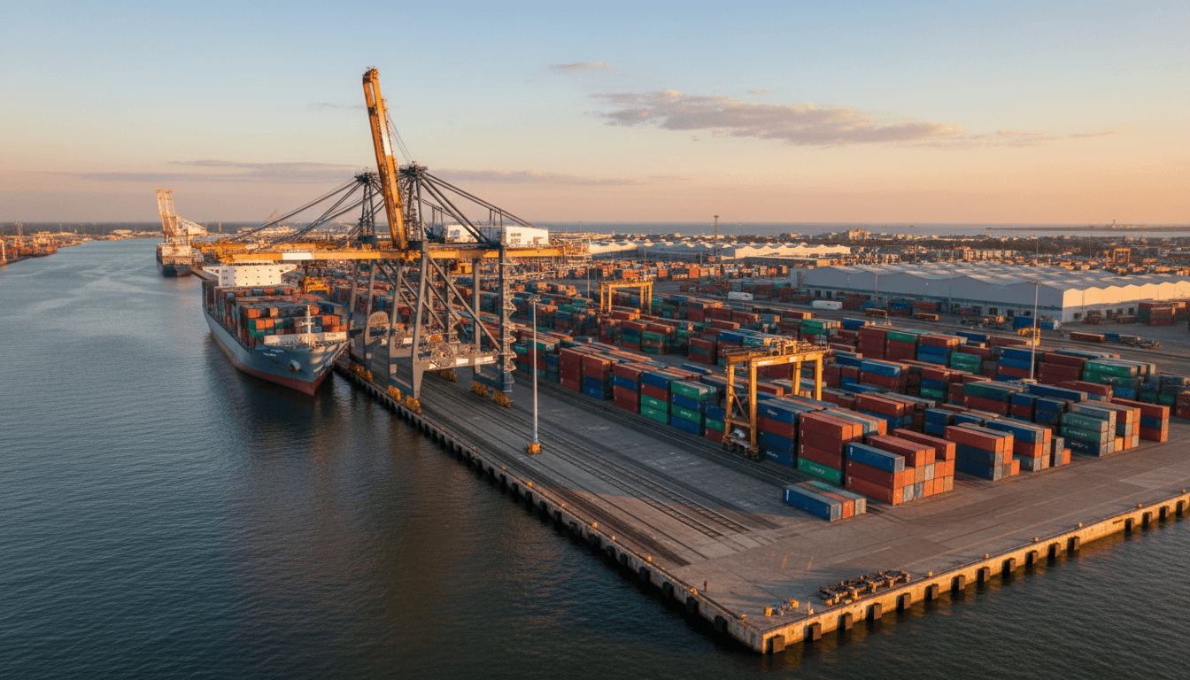 Panoramic view of container port with stacked cargo containers, automated gantry crane, and vessel loading operations during golden hour