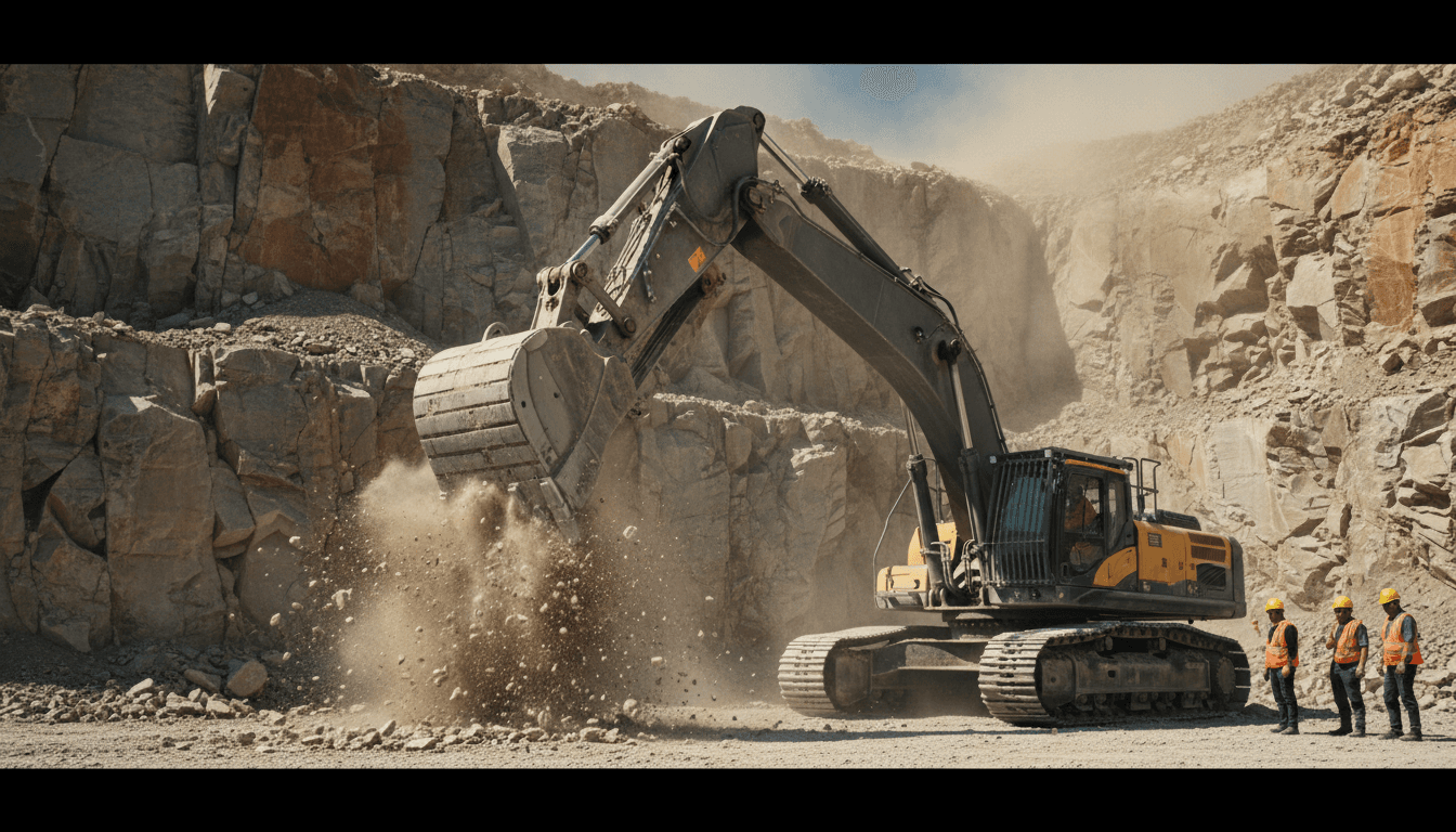 Hydraulic excavator loading ore into a haul truck at a mining site