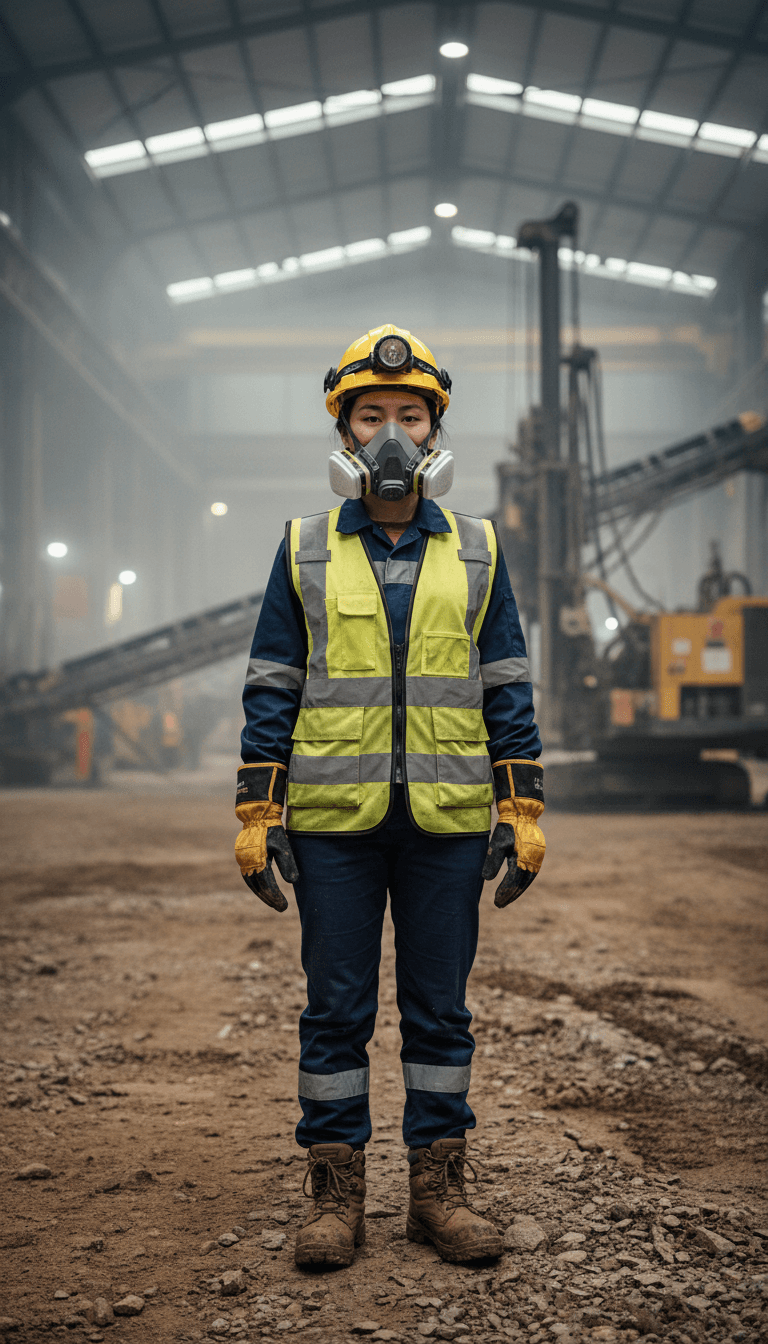 Worker in safety gear and hard hat inspecting equipment on site