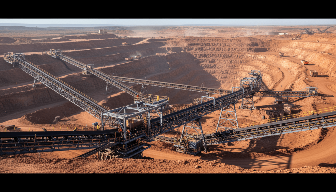 Aerial view of an open pit mine with terraced earth and heavy machinery