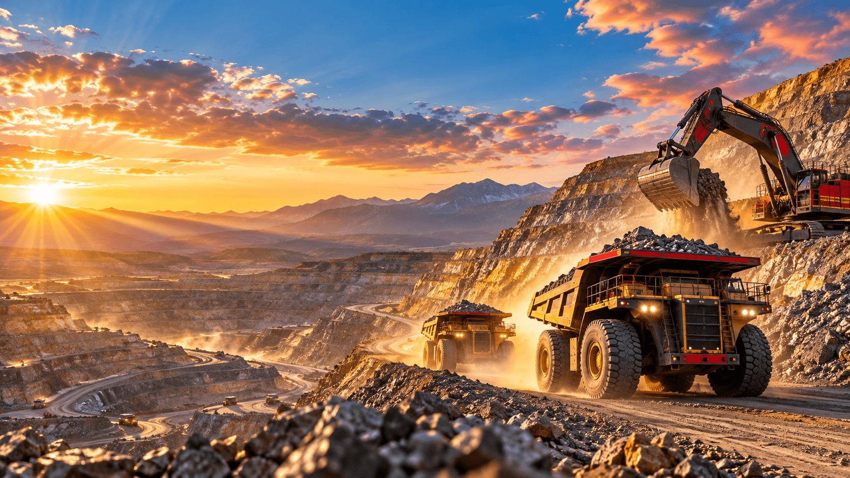 Massive haul trucks and an excavator operate in a vast open-pit mine during sunset.